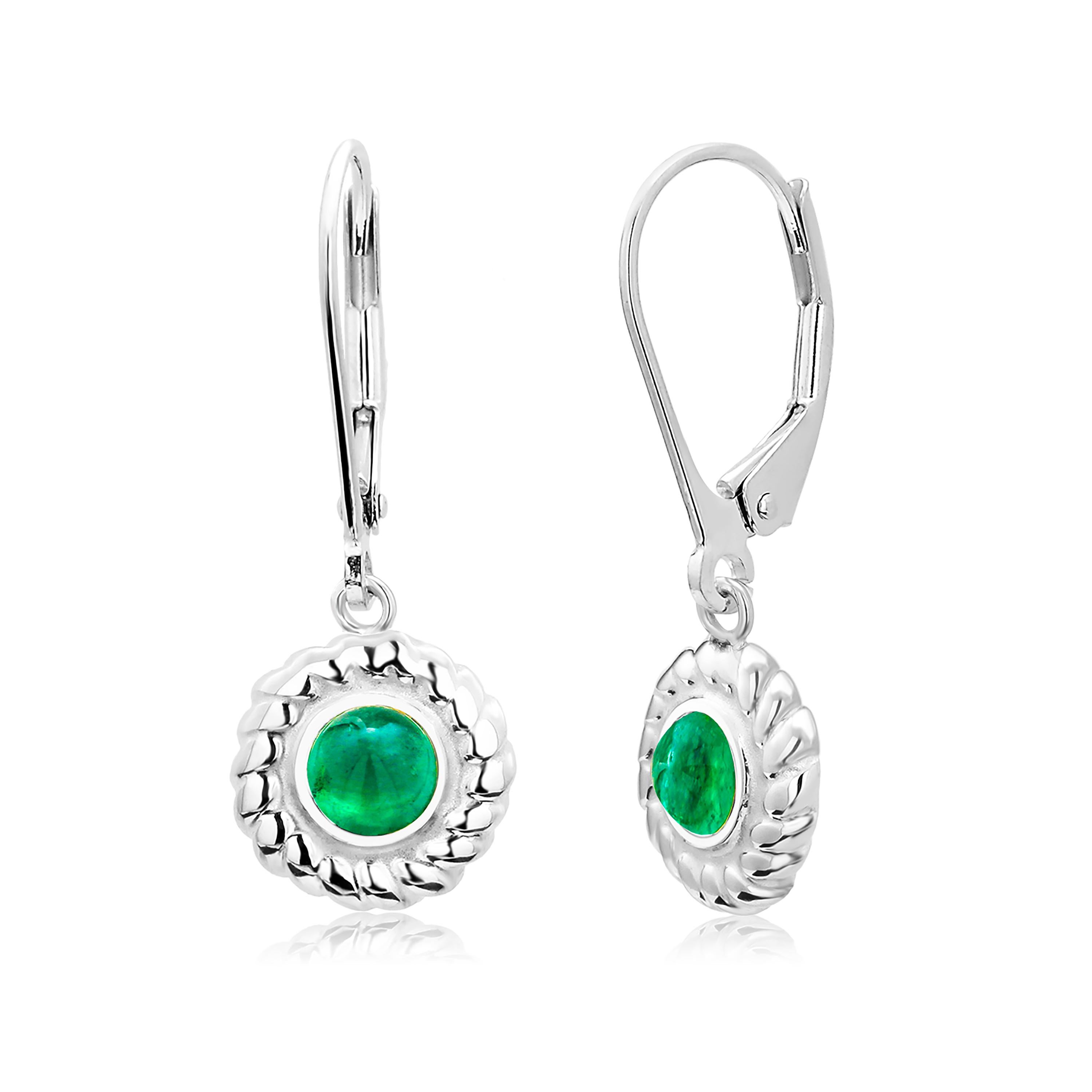 Contemporary Round Cabochon Emerald Braided Bezel Set Lever Back Gold Hoop Earrings