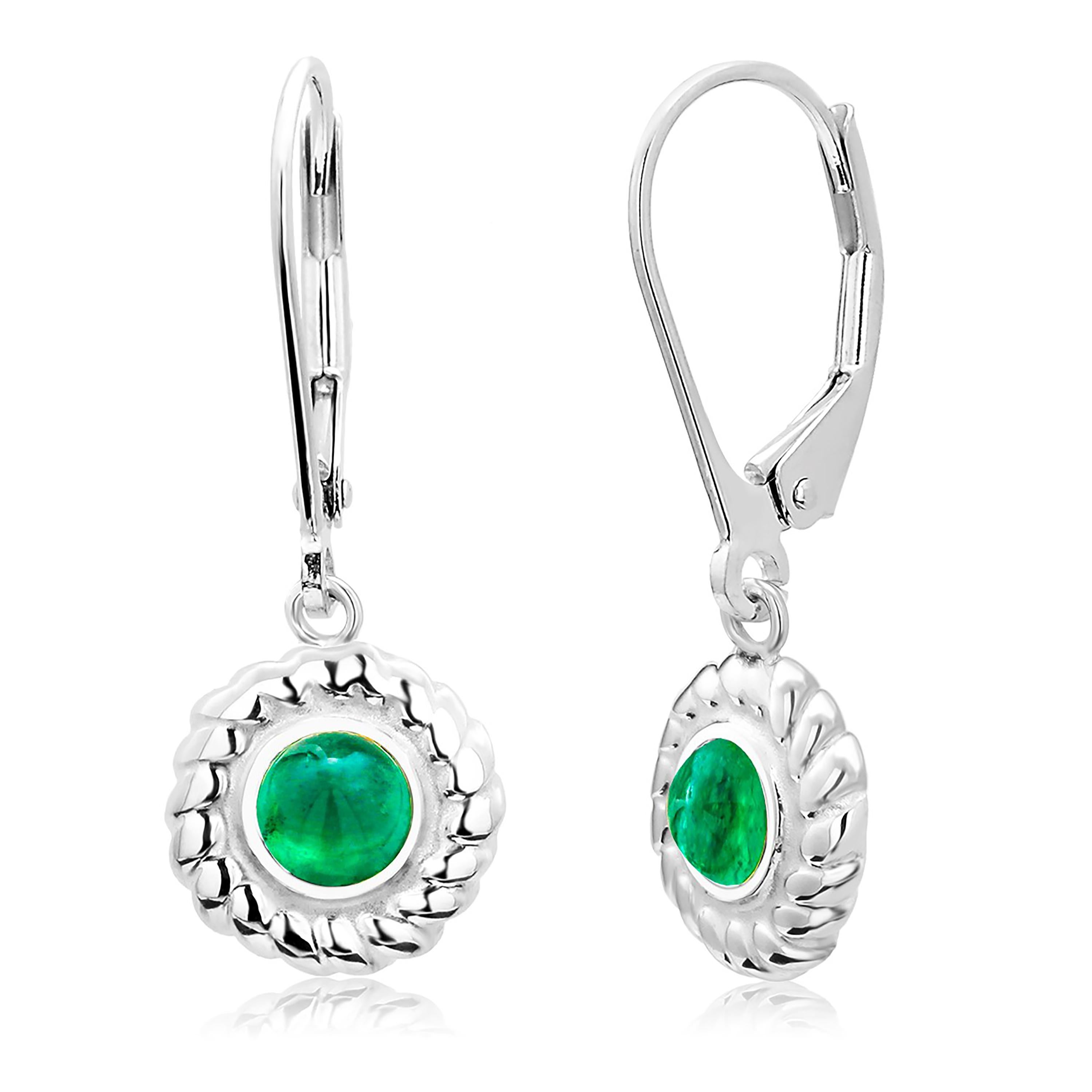 Round Cabochon Emerald Braided Bezel Set Lever Back Gold Hoop Earrings In New Condition In New York, NY