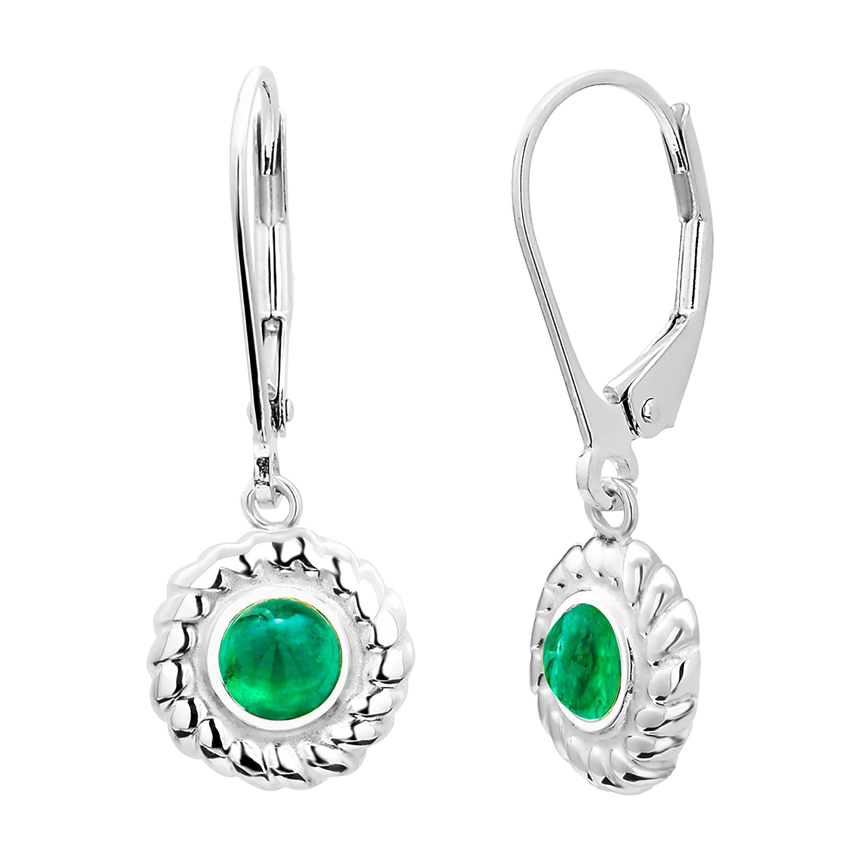 Round Cabochon Emerald Braided Bezel Set Lever Back Gold Hoop Earrings