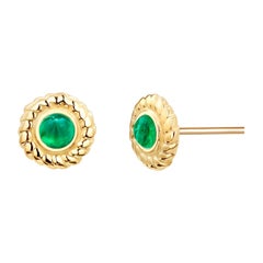 Round Cabochon Emerald Braided Bezel Set Stud Earrings