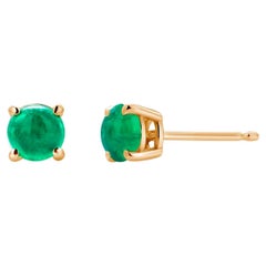 Round Cabochon Emerald Yellow Gold Stud Earrings