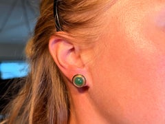 Round Cabochon Green Jade Earrings 14K Yellow Gold