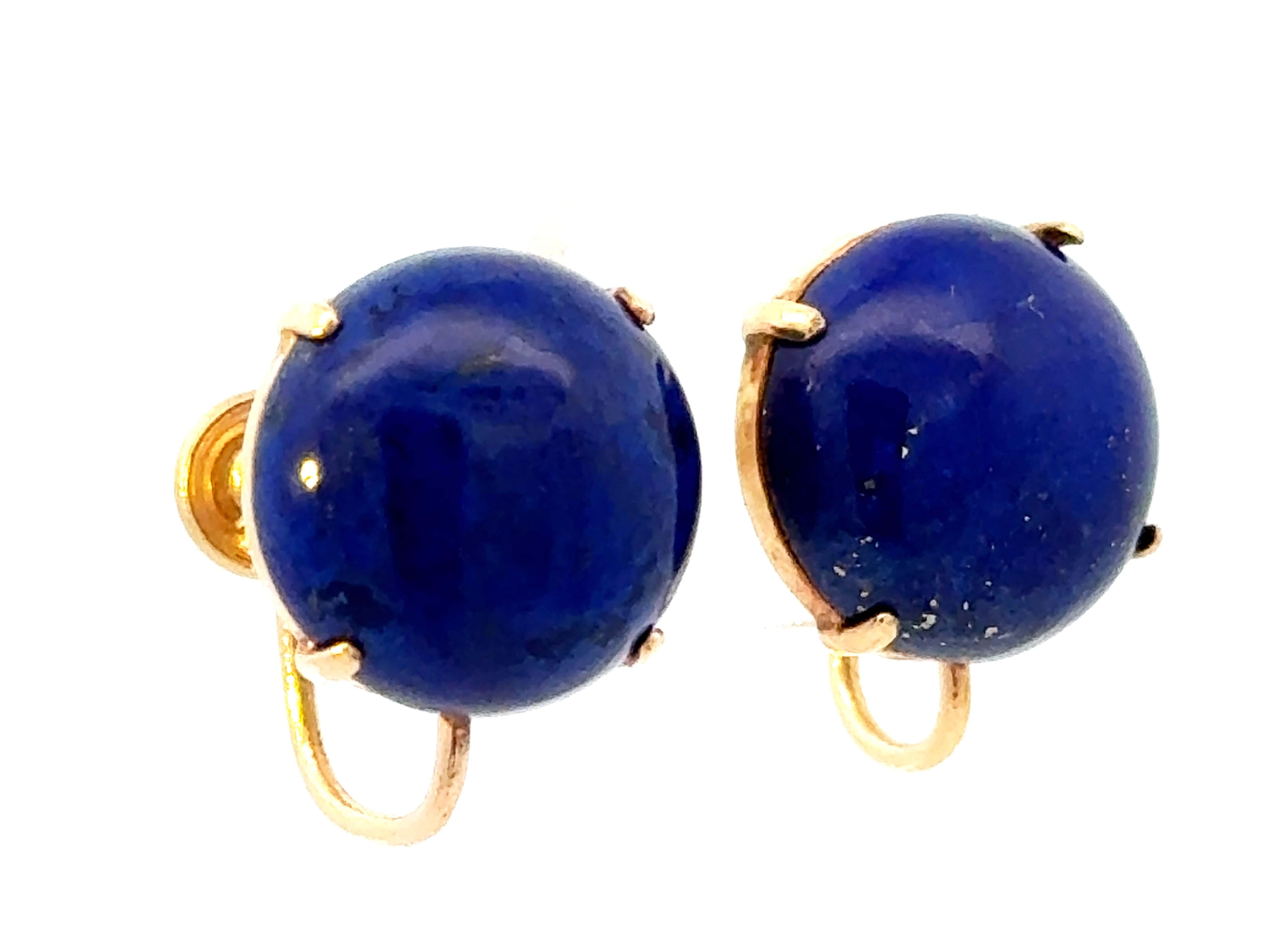Modern Round Cabochon Lapis Lazuli 14K Yellow Gold Earrings For Sale