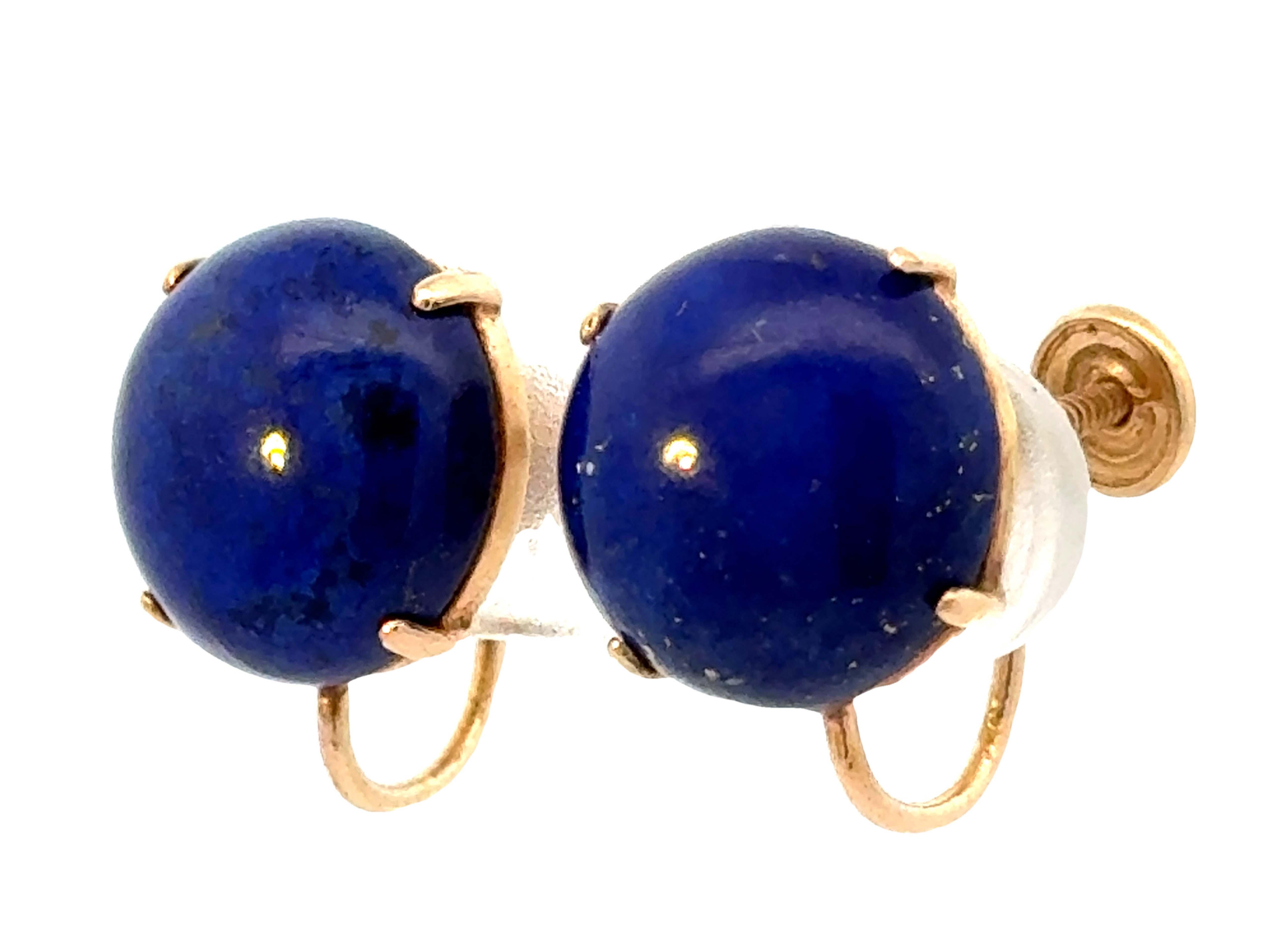 Round Cut Round Cabochon Lapis Lazuli 14K Yellow Gold Earrings For Sale