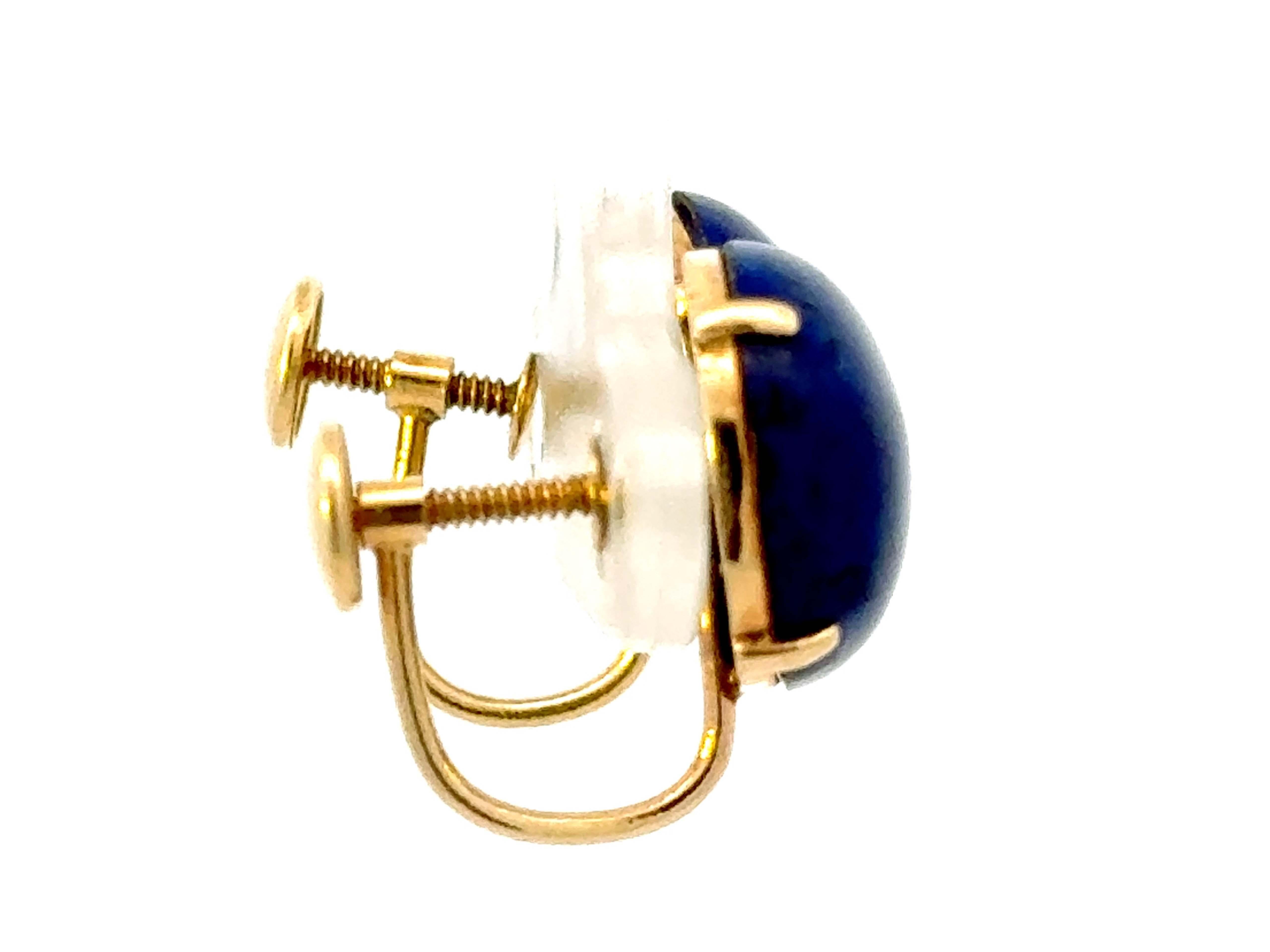 Round Cabochon Lapis Lazuli 14K Yellow Gold Earrings In Excellent Condition For Sale In Honolulu, HI