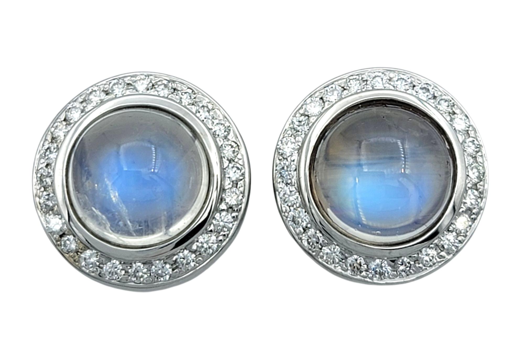 Contemporary Round Cabochon Moonstone and Diamond Halo Stud Earrings in 18 Karat White Gold For Sale