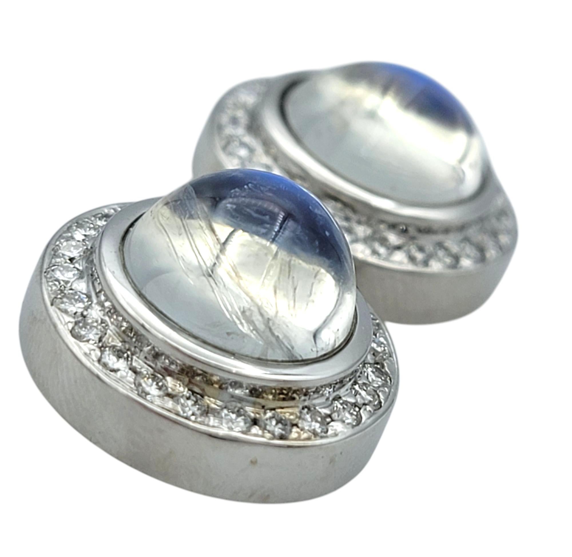 Round Cabochon Moonstone and Diamond Halo Stud Earrings in 18 Karat White Gold In Good Condition For Sale In Scottsdale, AZ