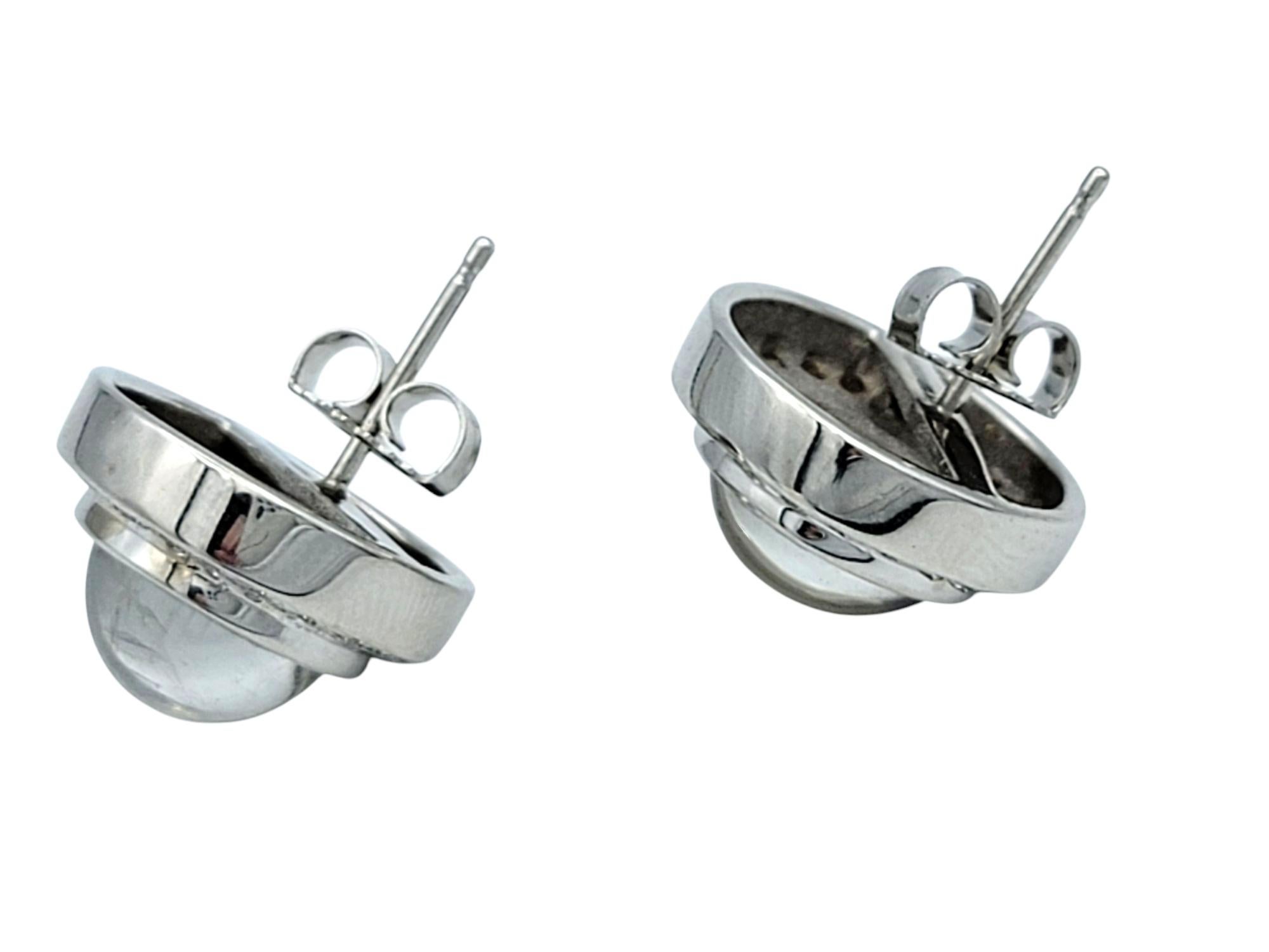 Women's Round Cabochon Moonstone and Diamond Halo Stud Earrings in 18 Karat White Gold For Sale