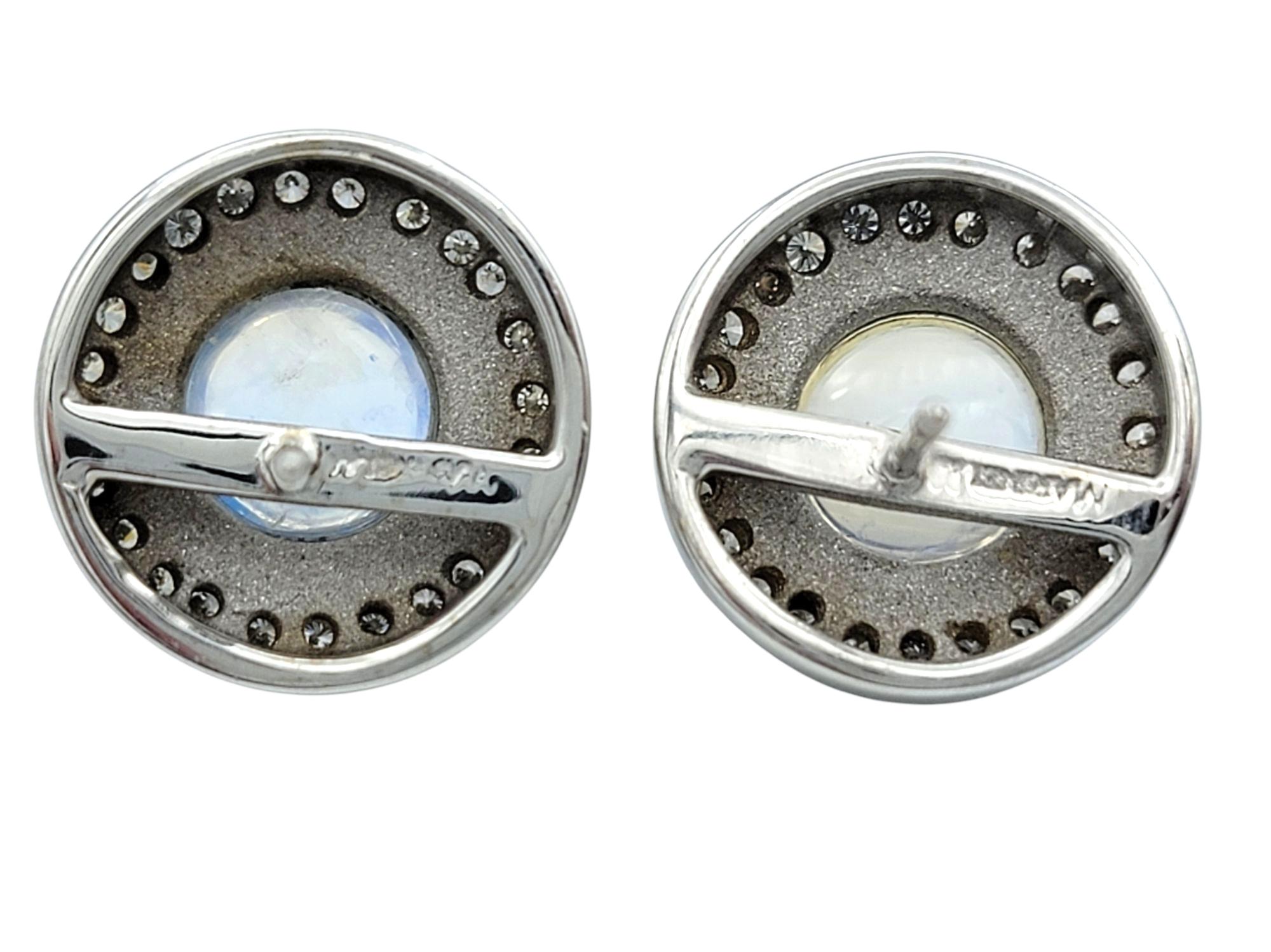 Round Cabochon Moonstone and Diamond Halo Stud Earrings in 18 Karat White Gold For Sale 2