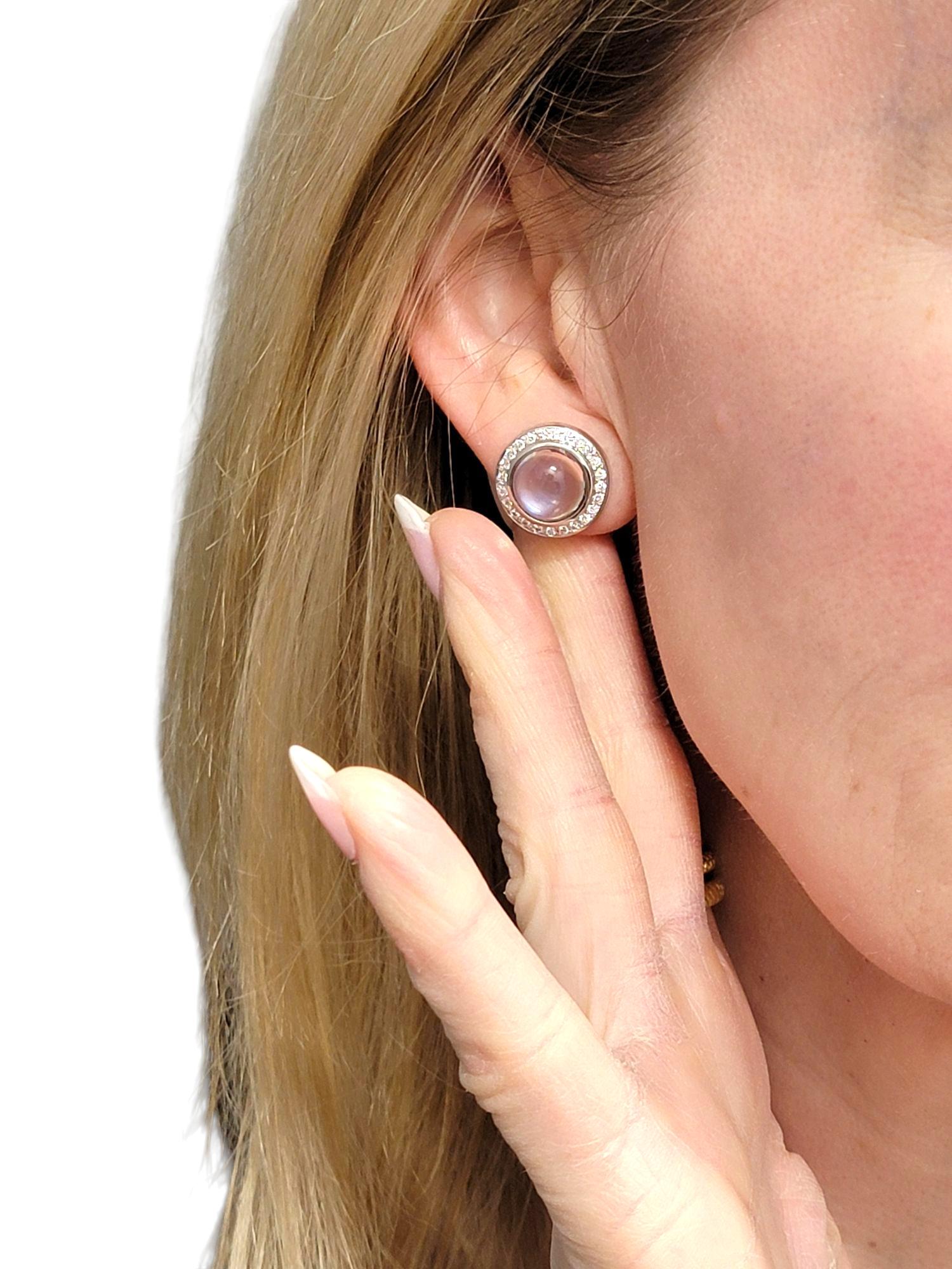 Round Cabochon Moonstone and Diamond Halo Stud Earrings in 18 Karat White Gold For Sale 4