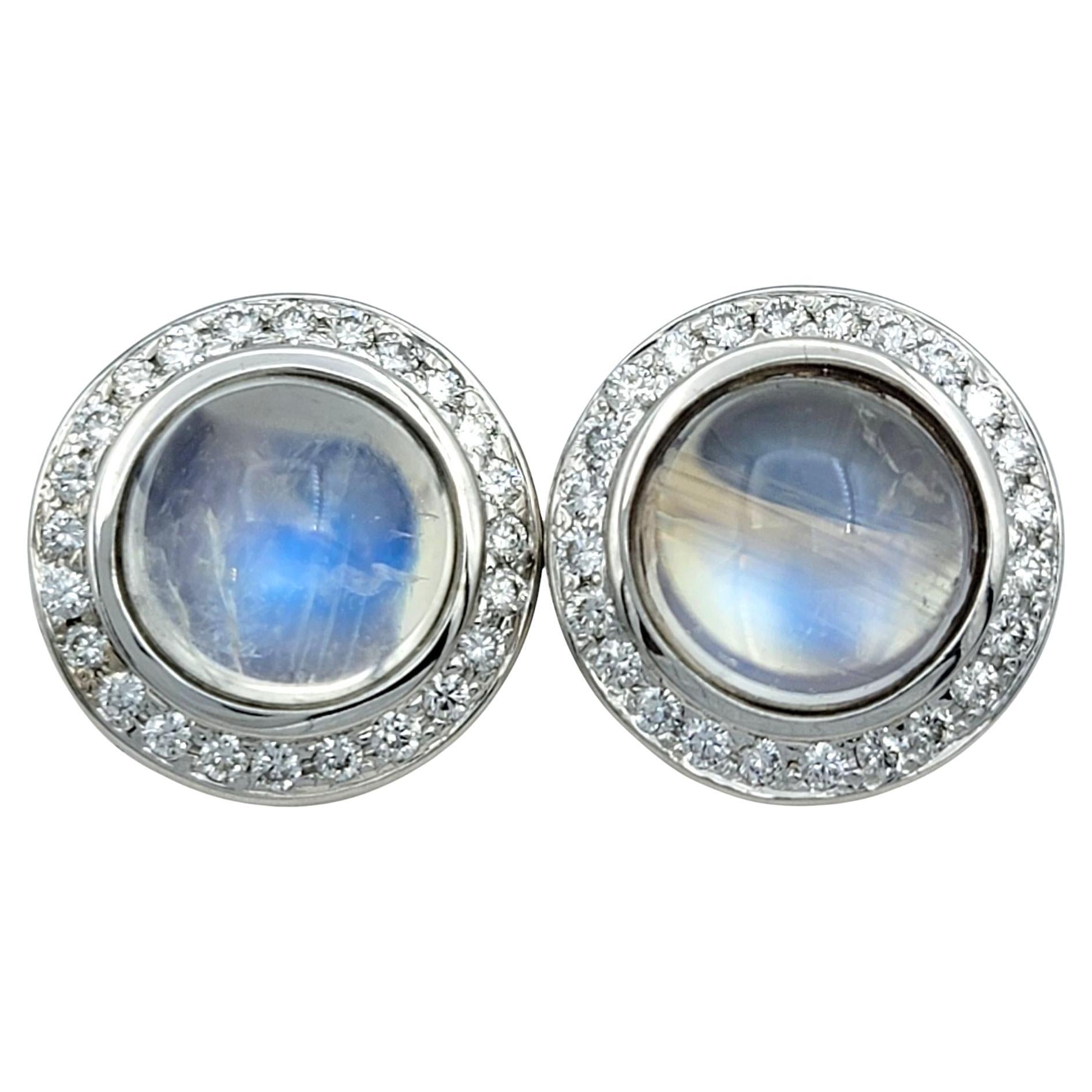 Round Cabochon Moonstone and Diamond Halo Stud Earrings in 18 Karat White Gold