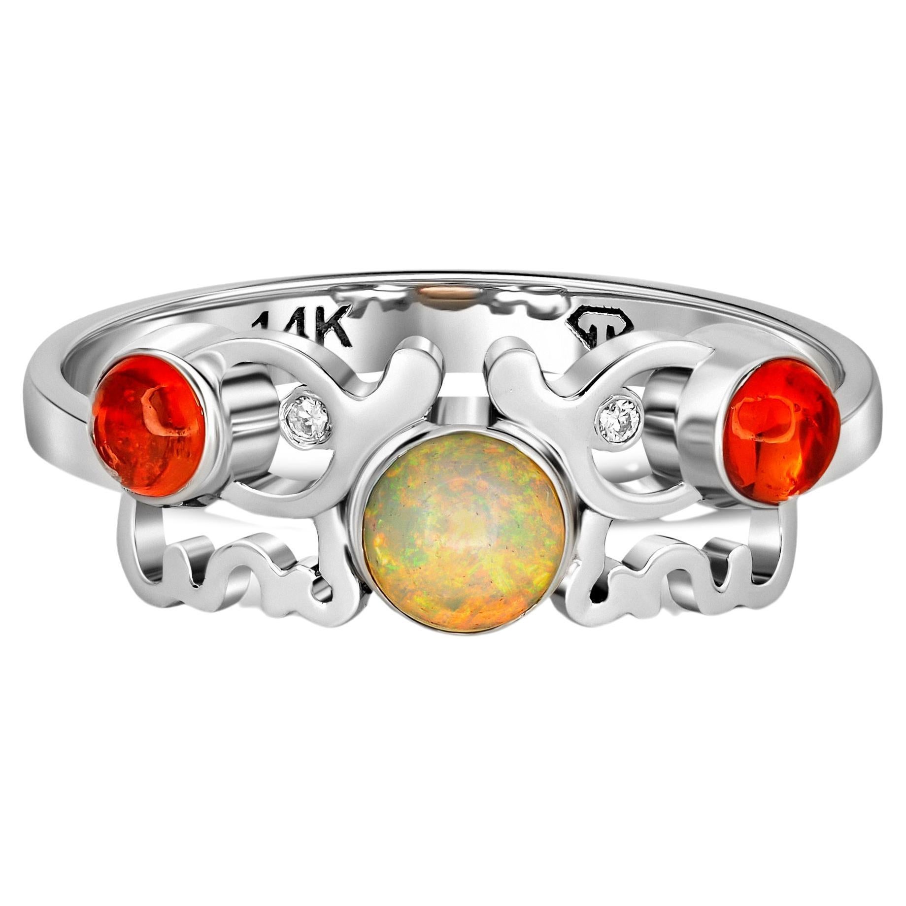 Round cabochon opal ring in 14k gold.  For Sale
