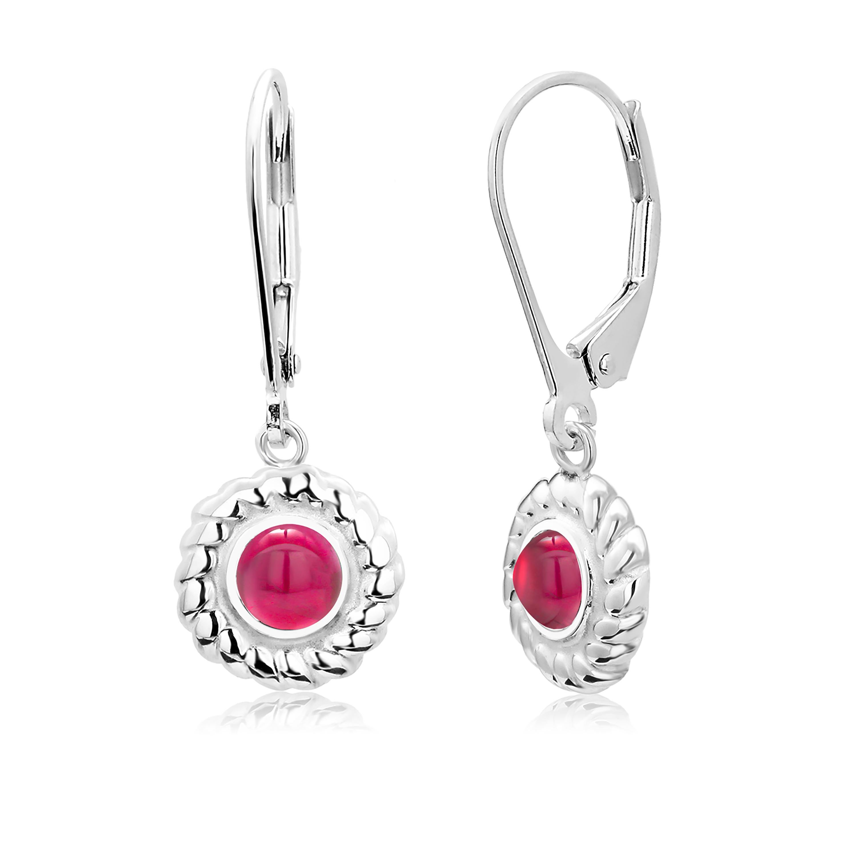 Round Cut Round Cabochon Ruby Braided Bezel Set Lever Back Hoop Earrings