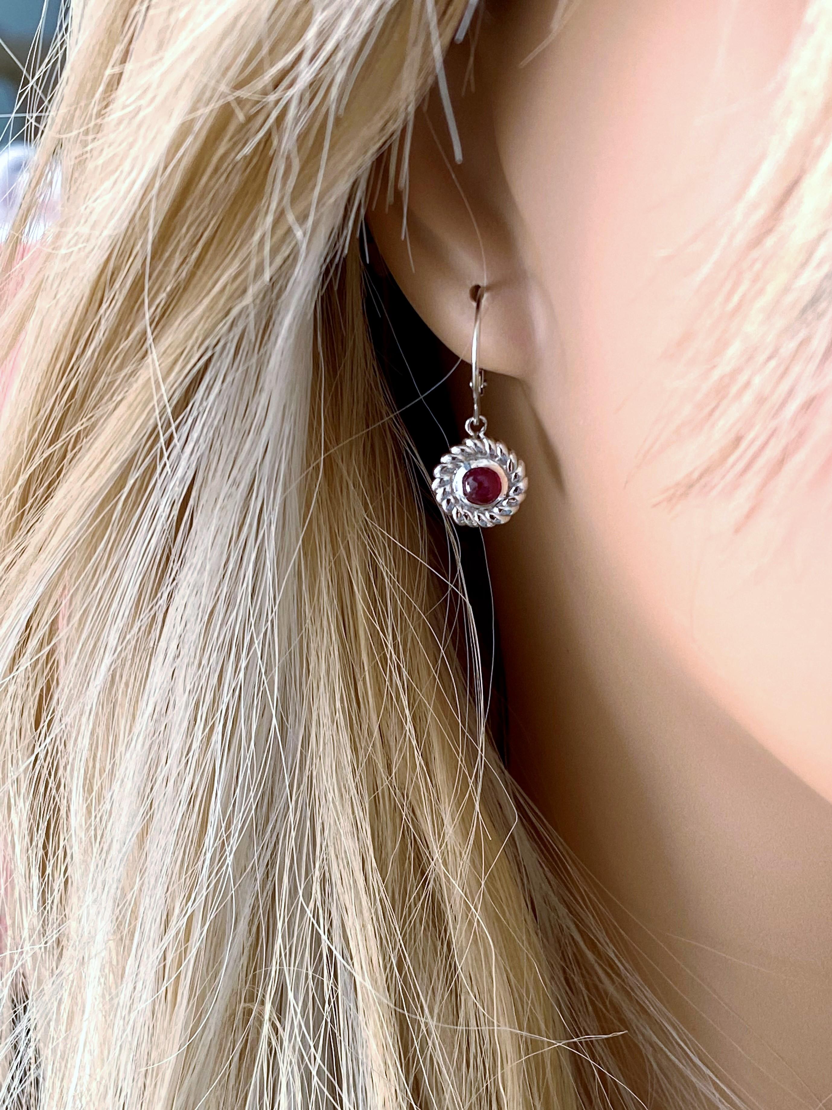 Contemporary Round Cabochon Ruby Braided Bezel Set Lever Back Hoop Earrings