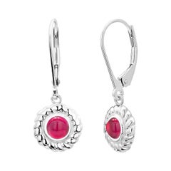 Round Cabochon Ruby Braided Bezel Set Lever Back Hoop Earrings