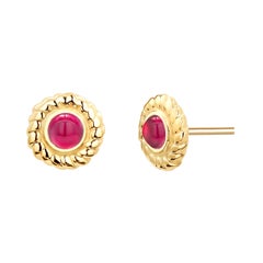 Round Cabochon Ruby Braided Bezel Set Stud Earrings