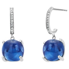 Round Cabochon Sapphire and Diamond Gold Hoop Earrings Weighing 17.00 Carats
