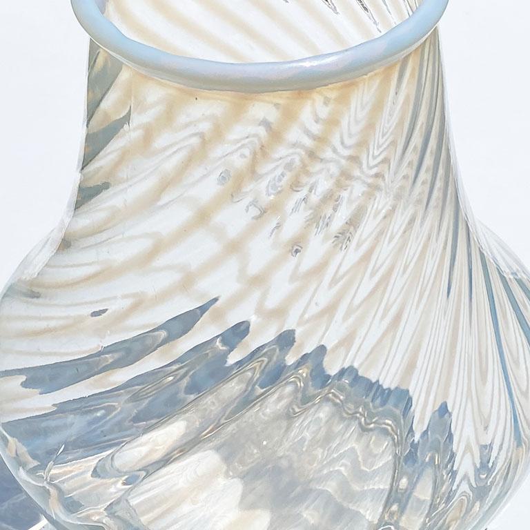 Art Deco Round Candy Cane Glass Hobbs Opalescent White Vase For Sale