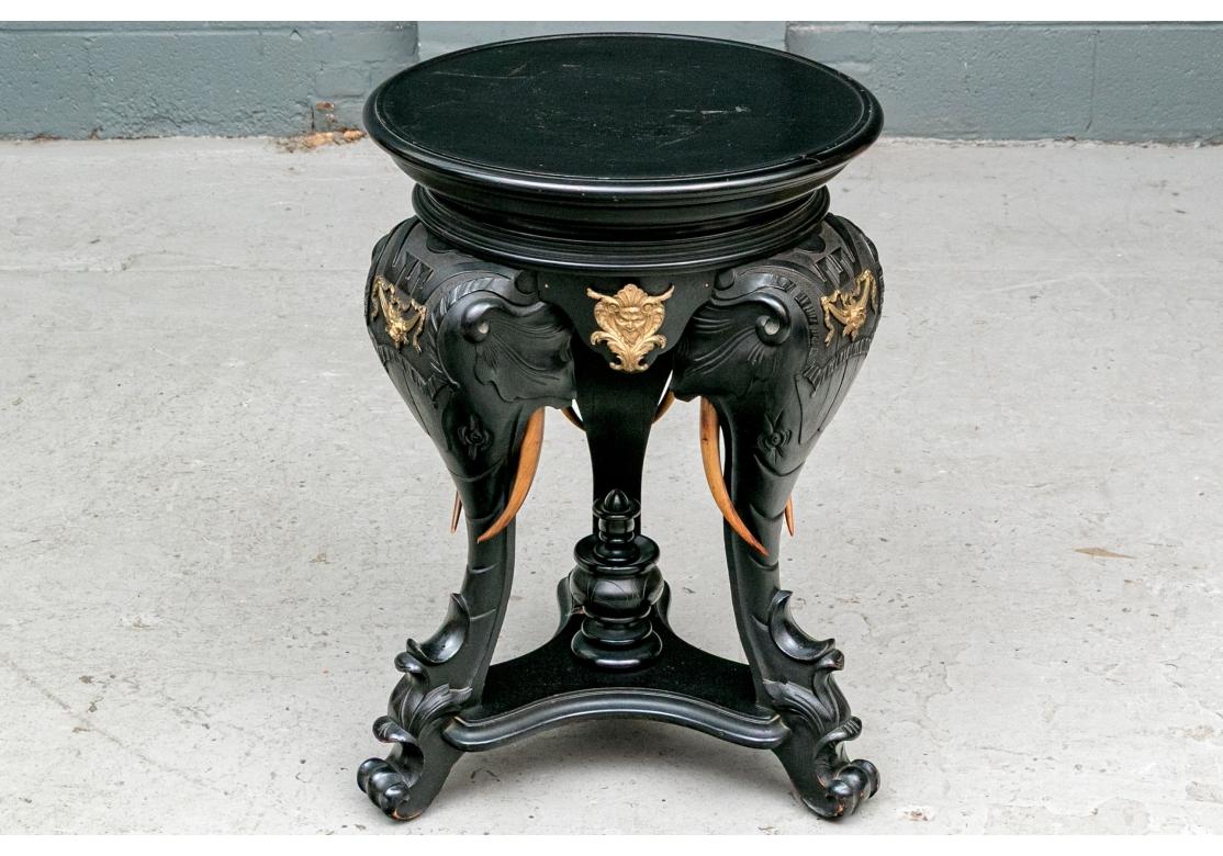 Round Carved Elephant Head Ebonized Pedestal Table For Sale 3