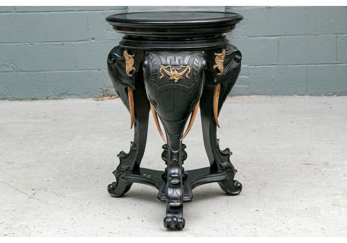 Round Carved Elephant Head Ebonized Pedestal Table For Sale 5