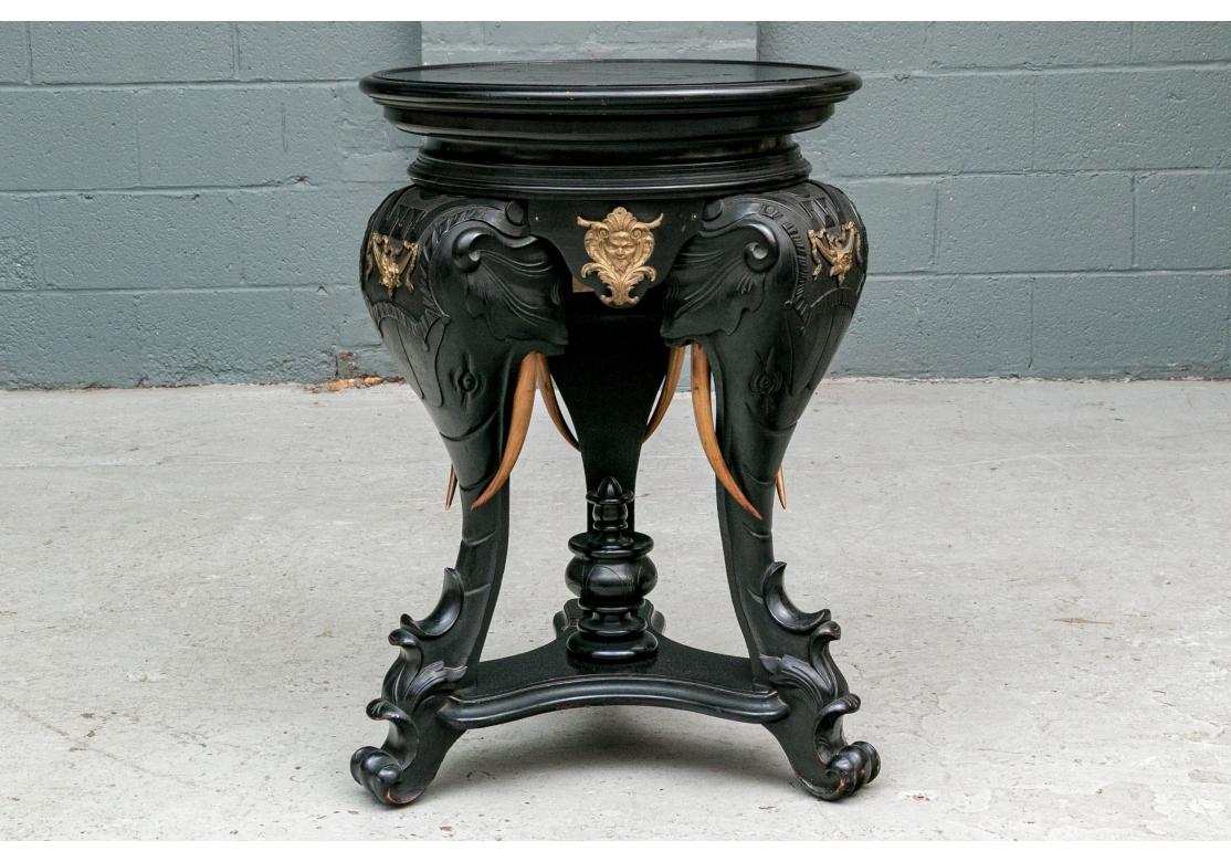 Round Carved Elephant Head Ebonized Pedestal Table For Sale 6