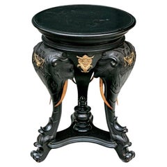 Vintage Round Carved Elephant Head Ebonized Pedestal Table