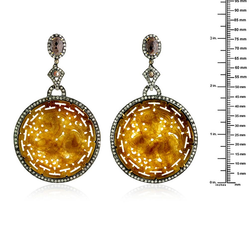 Art Nouveau Round Carved Jade Earrings with Diamonds For Sale