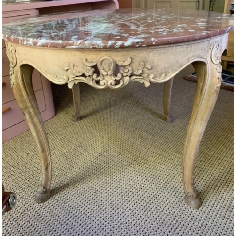 Round, Carved, Raw Wood, Entry Desk Table with Rose Marble Top For Sale