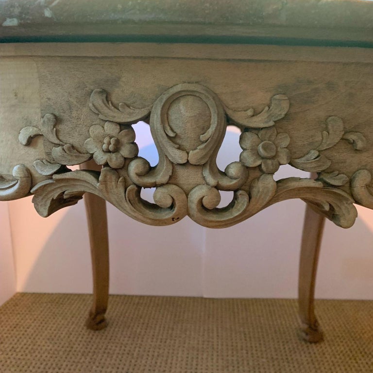 Round, Carved, Raw Wood, Entry Desk Table with Rose Marble Top For Sale