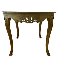 Round, Carved, Raw Wood, Entry Desk Table with Rose Marble Top