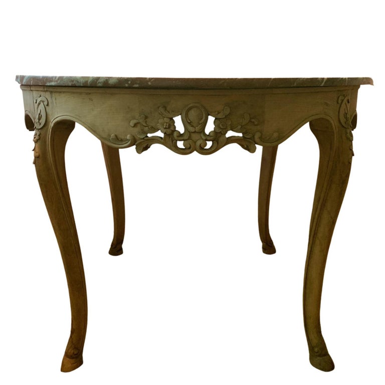 Round, Carved, Raw Wood, Entry Desk Table with Rose Marble Top For Sale