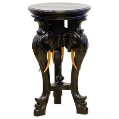 Round Carved Three Elephant Heads Rotating Top Ebonized Pedestal by R. J. Horner