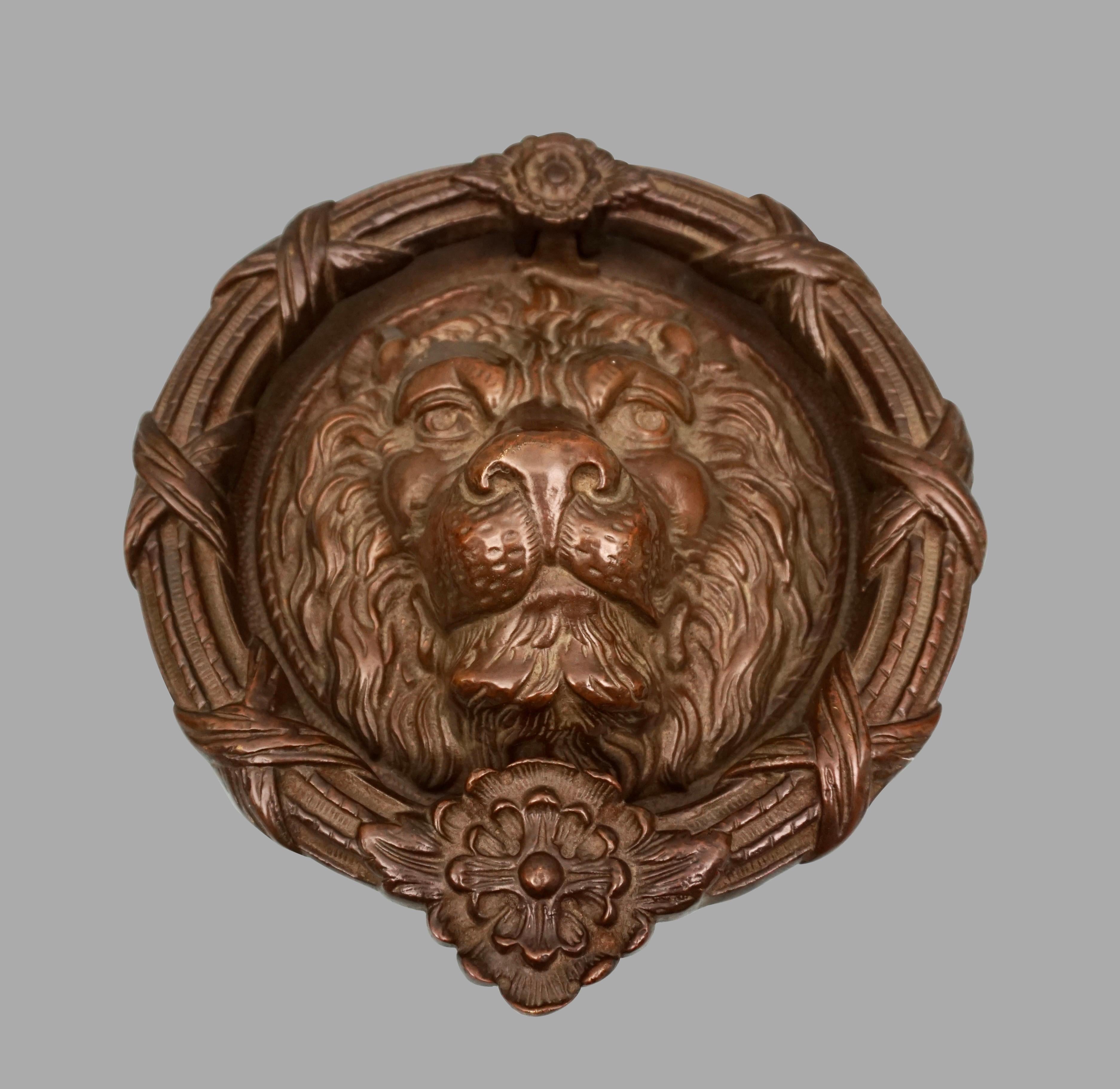 English Round Cast Bronze Door Knocker in the Form of Lion's Head