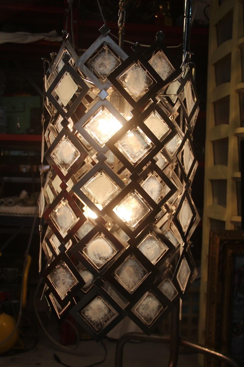 Round Ceiling Lamp Italian Design Steel Murano Glass Silver 1970 Pop Art For Sale 6