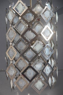 Runde Deckenleuchte, italienisches Design, Stahl, Muranoglas, Silber, 1970, Pop-Art