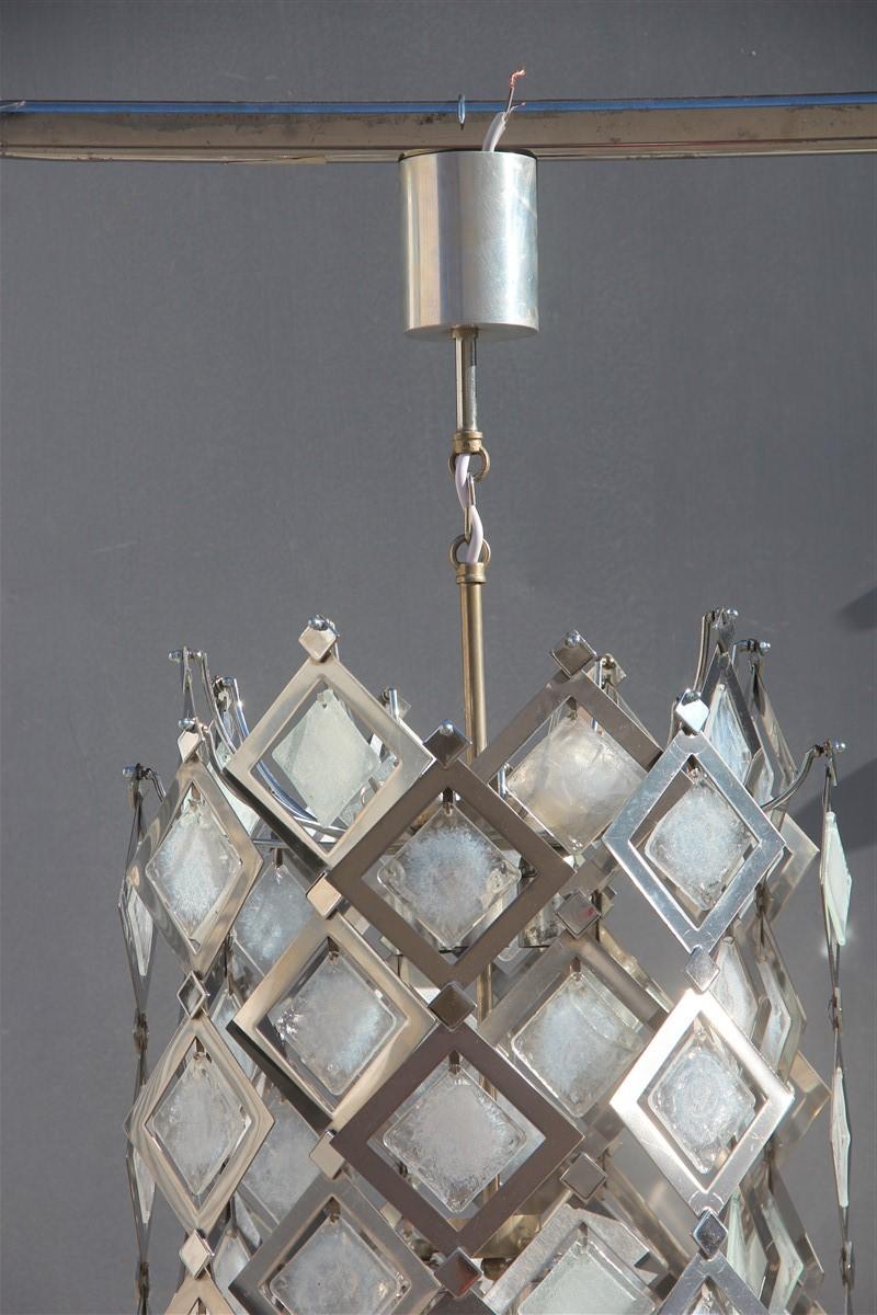 Mid-Century Modern Round Ceiling Lamp Italian Design Steel Murano Glass Silver 1970 Pop Art For Sale