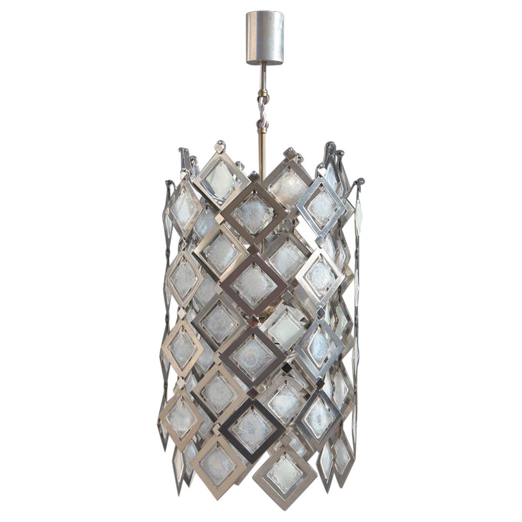 Round Ceiling Lamp Italian Design Steel Murano Glass Silver 1970 Pop Art For Sale