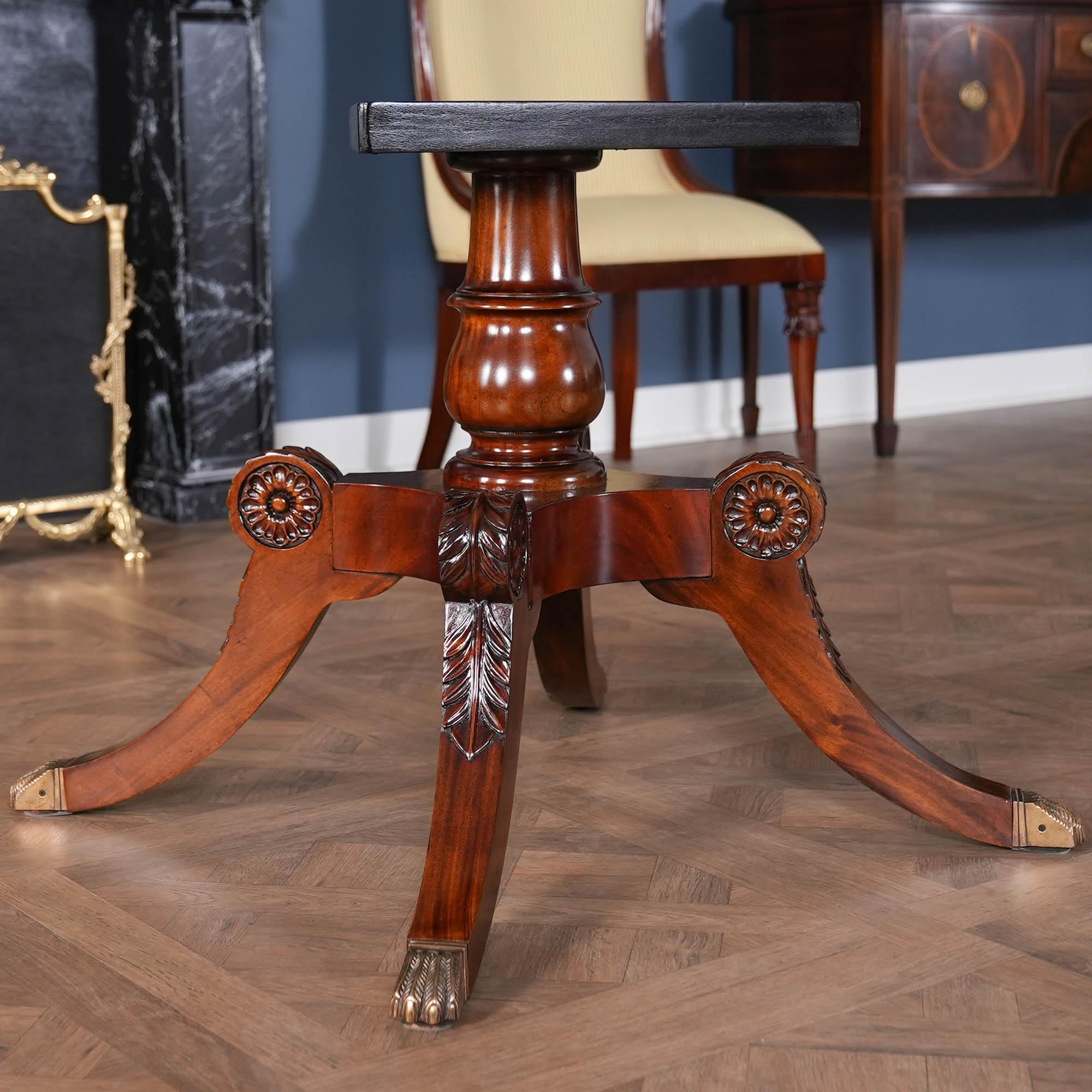 Our most robust drum table this large Round Center Table has eye catching appeal with satin wood banding, carved knees and a thick top with three dovetailed drawers. Superb quality mahogany solids and mahogany and satinwood veneers combine to create