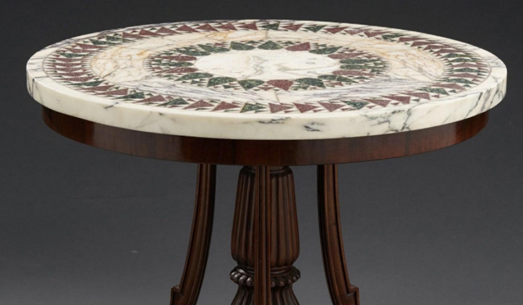 Italian Round Center Table in Breccia's Marble with Inserts For Sale