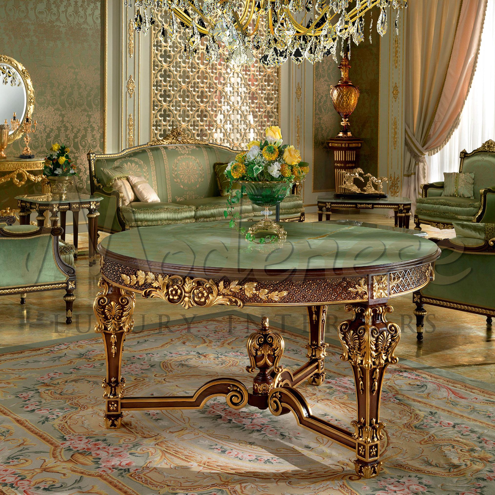 A decorative furniture item that will make the difference, this round center table is not for everyone. Green beveled marble top, eight empire-style legs and walnut finish with gold leaf applications all over the carvings. So many secret details you