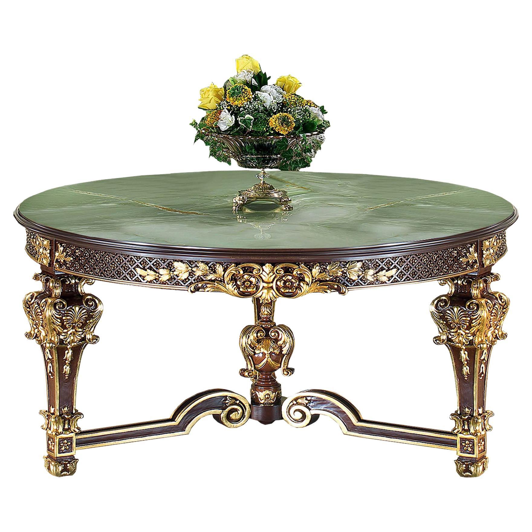 Round Center Table with Green Onyx Top and Walnut Finish by Modenese Luxury For Sale