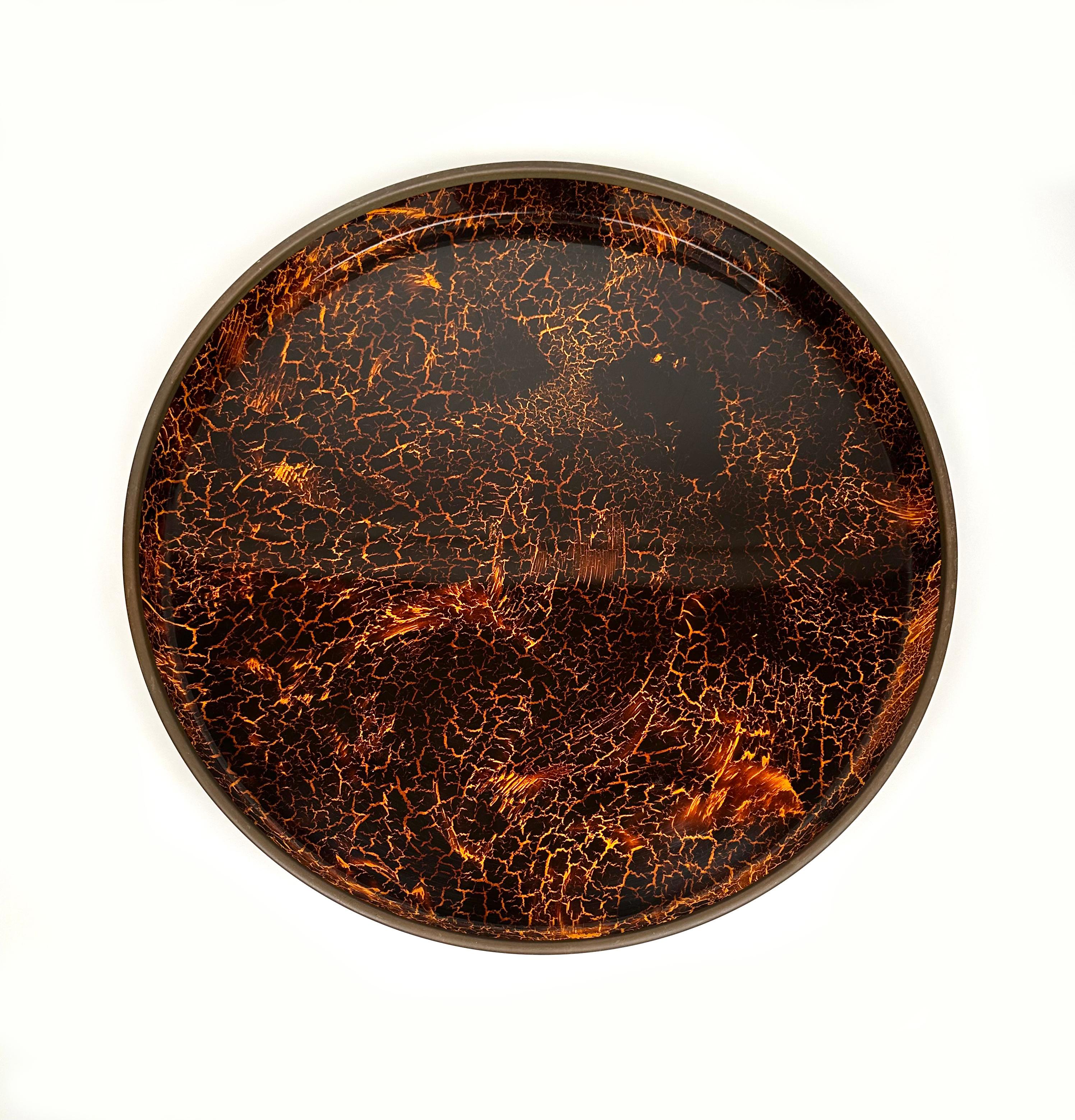 Italian Round Centerpiece Serving Tray Lucite Faux Tortoiseshell and Brass, Italy 1970s For Sale
