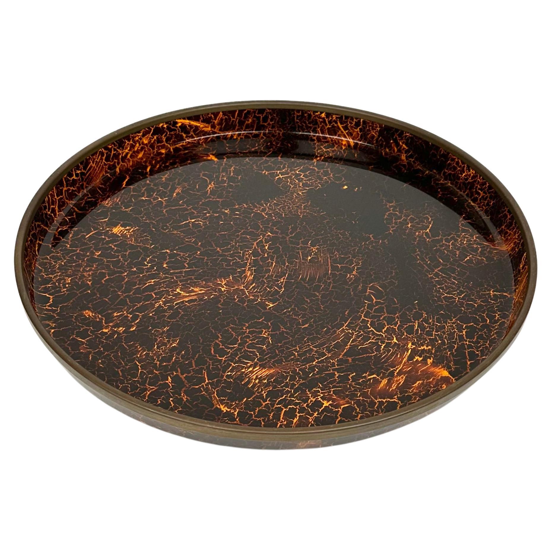 Round Centerpiece Serving Tray Lucite Faux Tortoiseshell and Brass, Italy 1970s For Sale