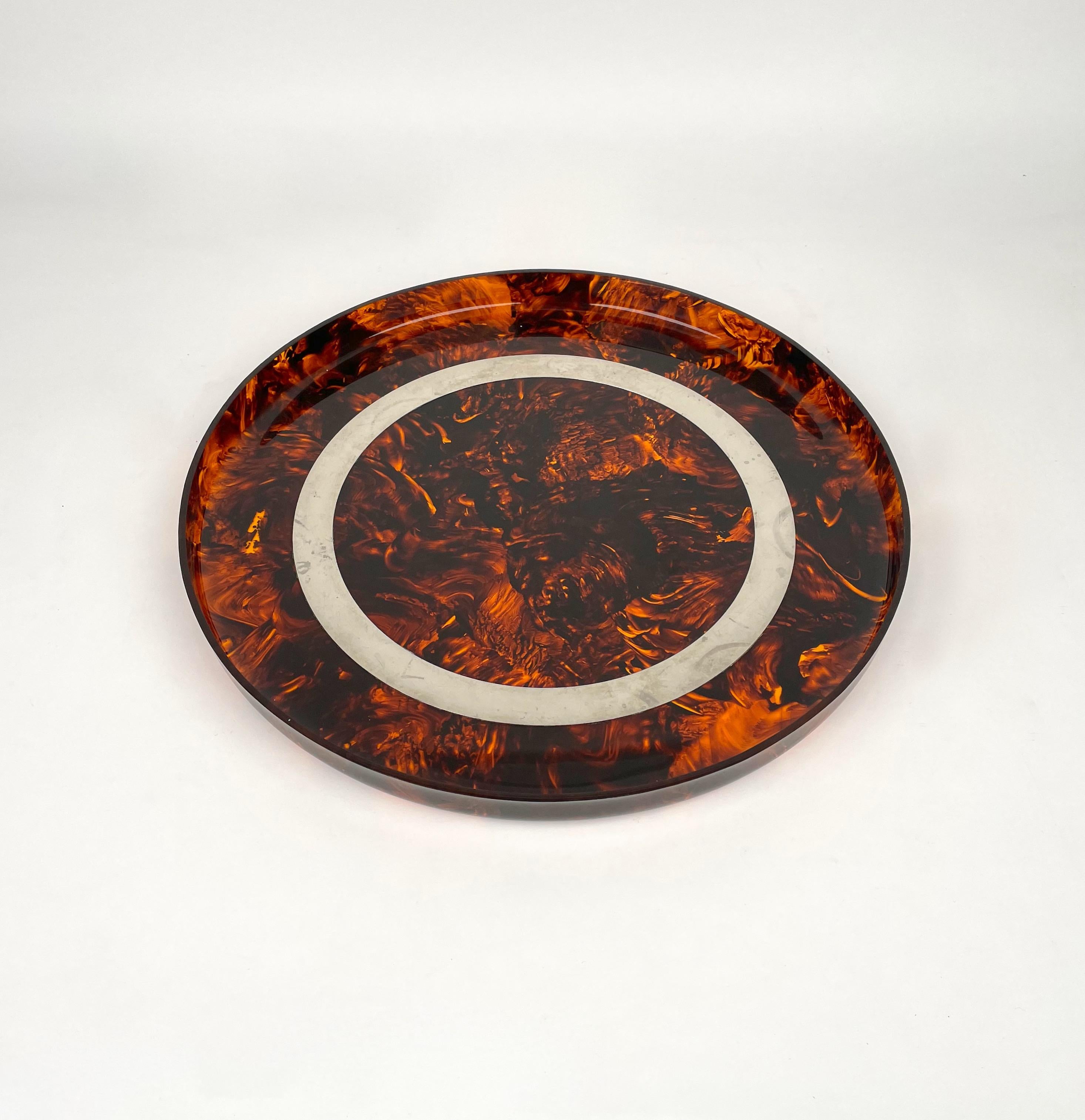 Mid-Century Modern Round Centerpiece Serving Tray Lucite Tortoiseshell & Steel Italy 1970s For Sale