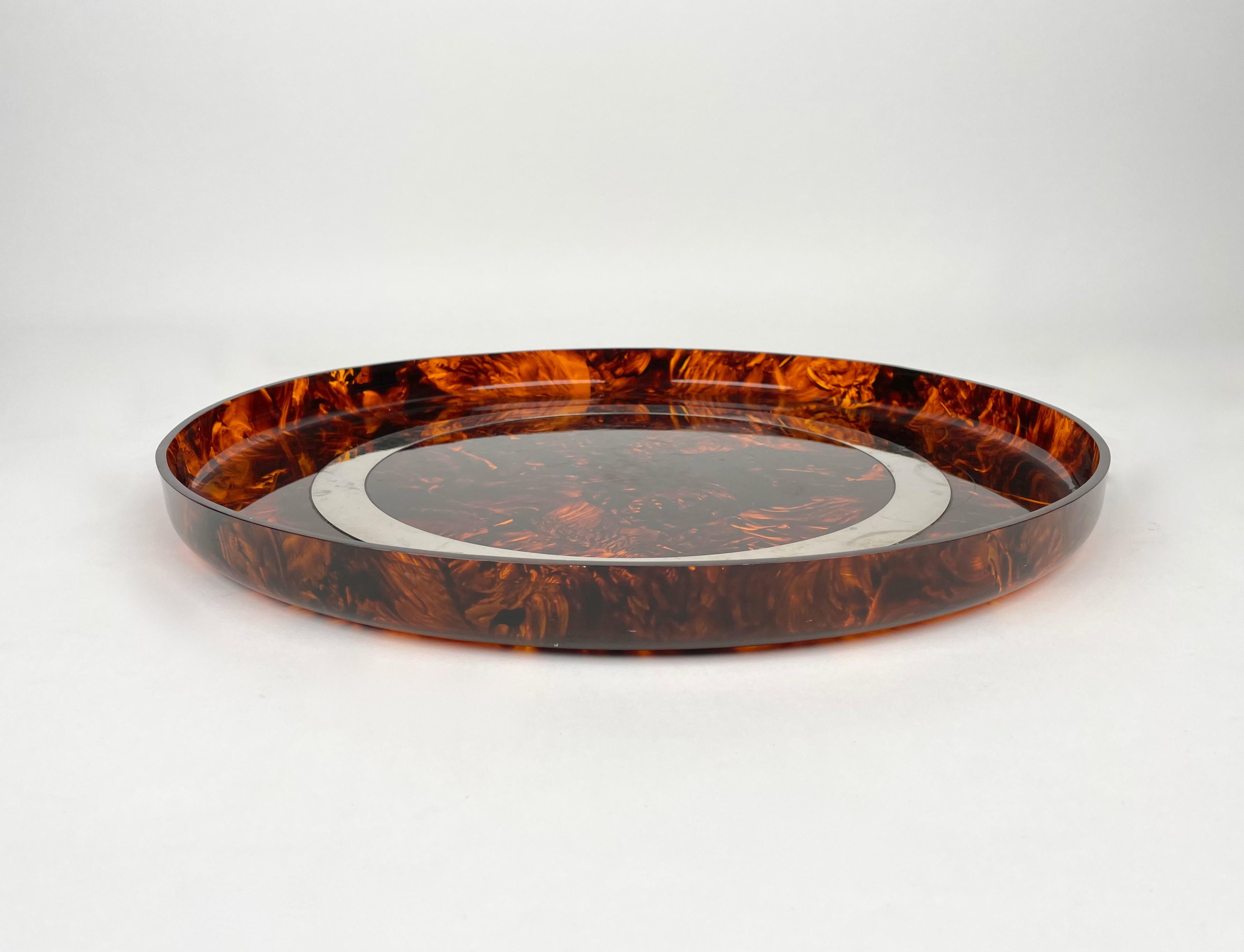Mid-Century Modern Round Centerpiece Serving Tray Lucite Tortoiseshell & Steel Italy 1970s For Sale