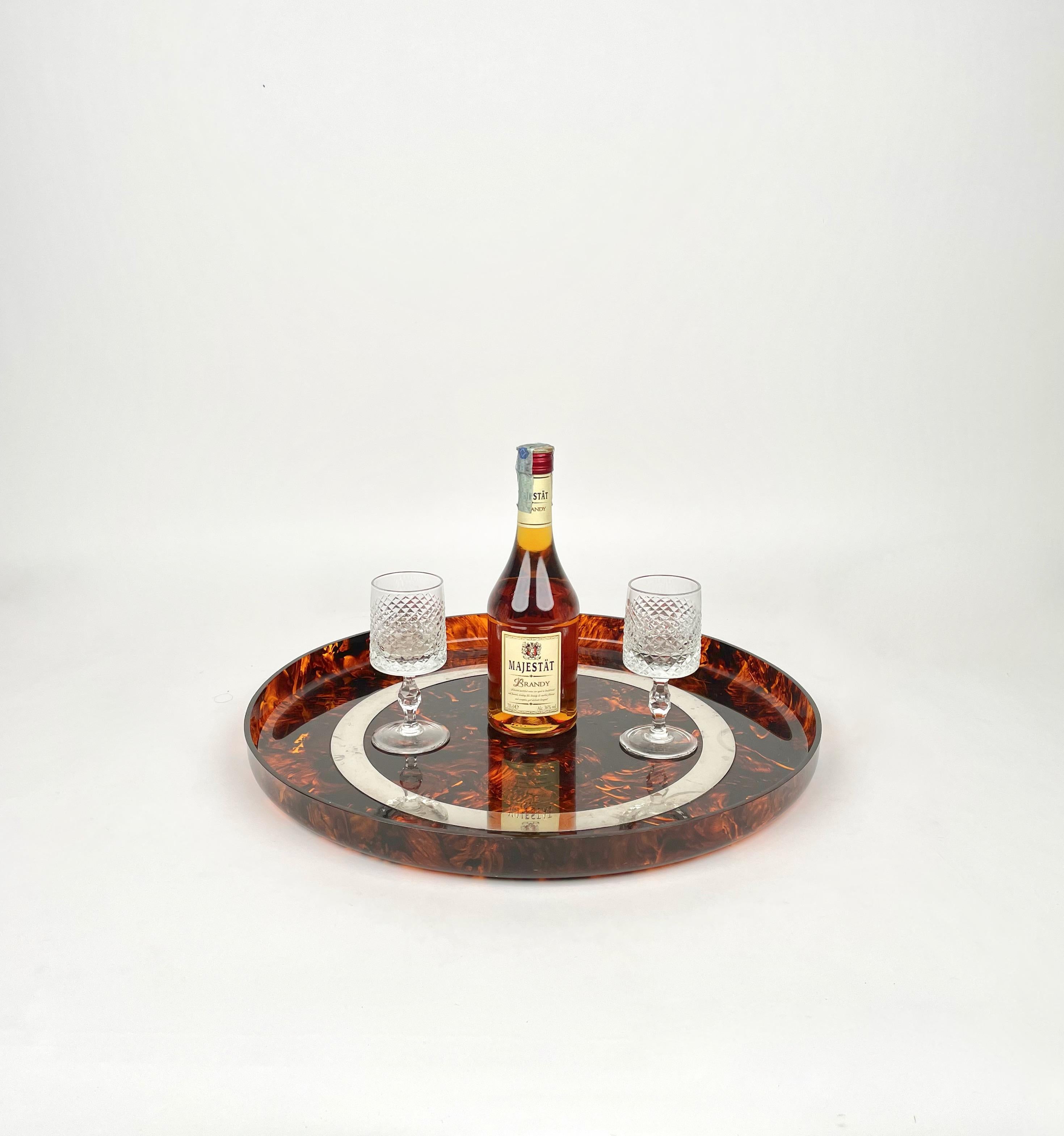 Italian Round Centerpiece Serving Tray Lucite Tortoiseshell & Steel Italy 1970s For Sale