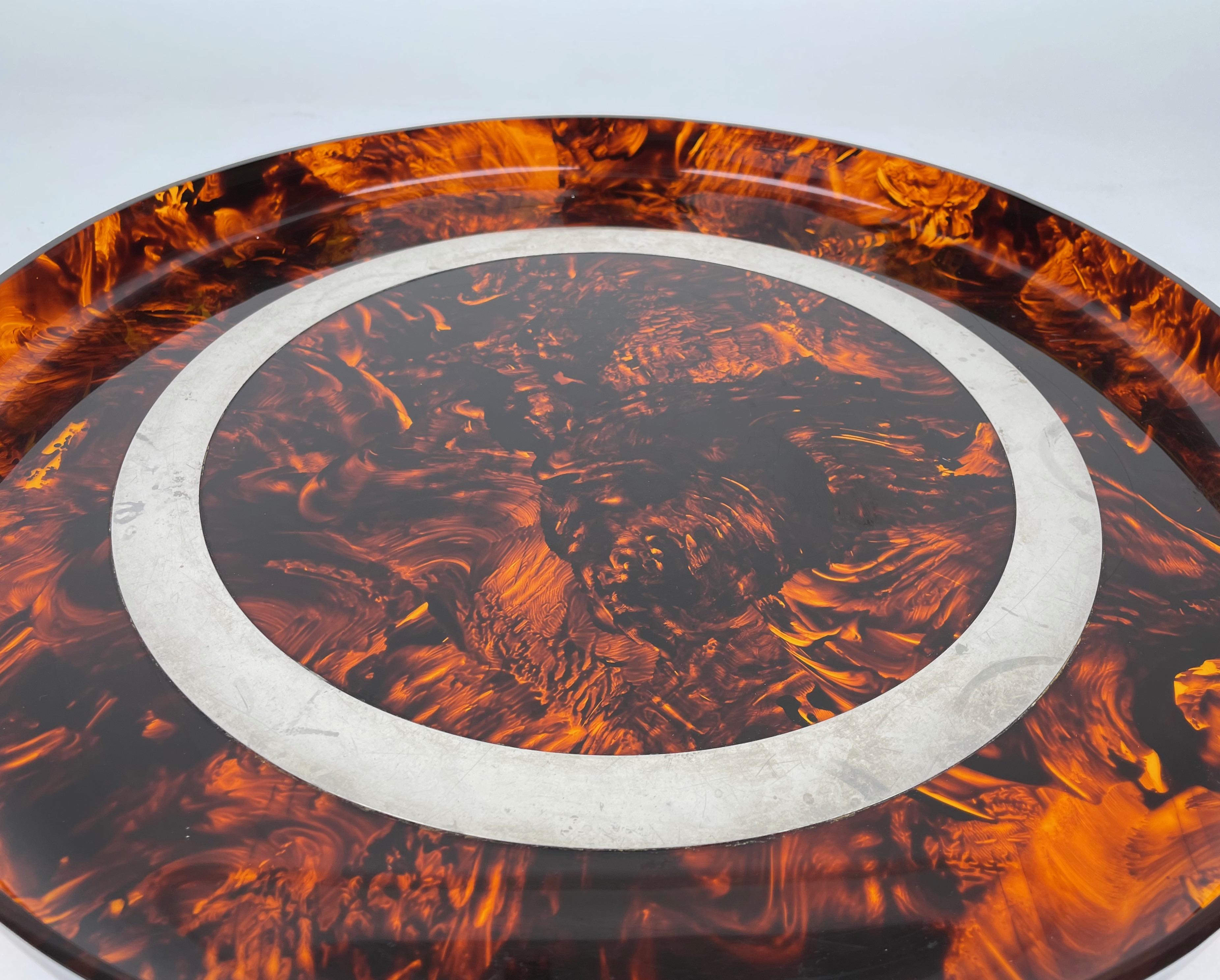 Metal Round Centerpiece Serving Tray Lucite Tortoiseshell & Steel Italy 1970s For Sale