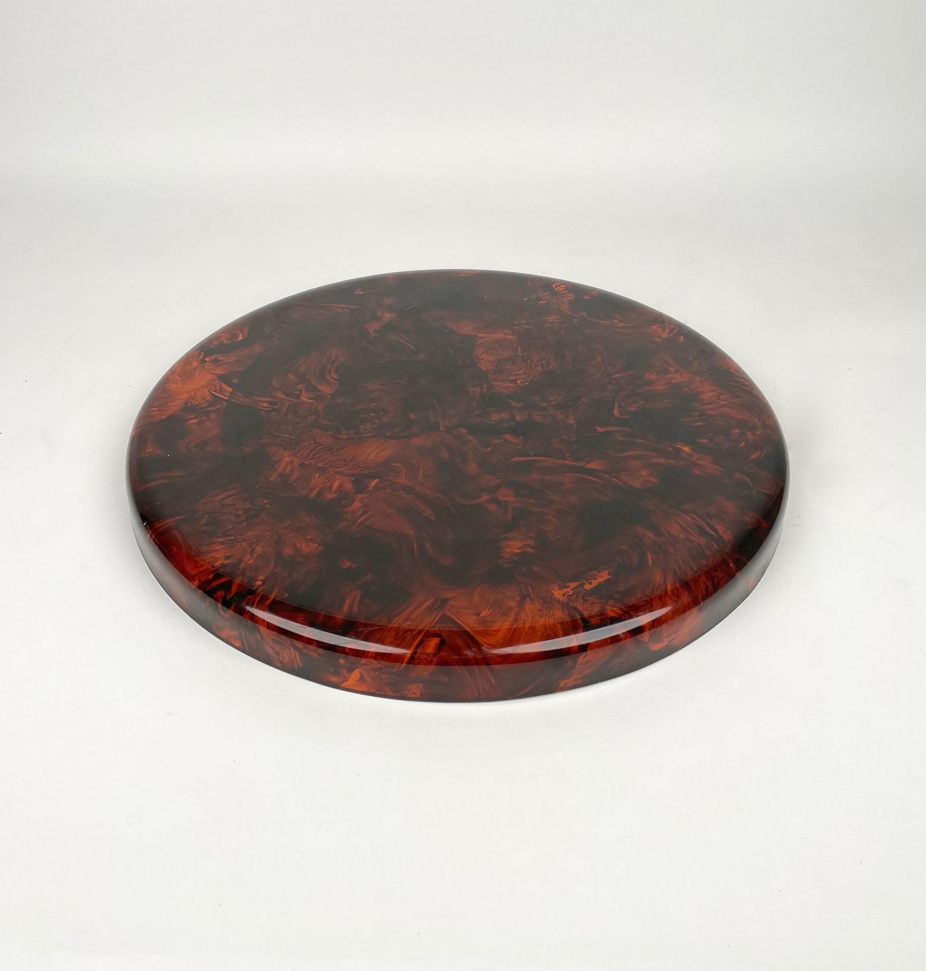 Round Centerpiece Serving Tray Lucite Tortoiseshell & Steel Italy 1970s For Sale 2