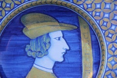 Round Centerpiece Wall Plate Lustre Ceramic Gold Blu Deruta 1940 Italian Design