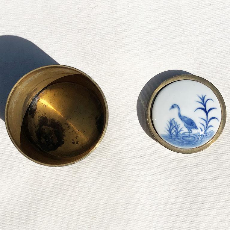 Chinese Round Brass Container with Removable Ceramic Painted Chinoiserie Crane Lid For Sale